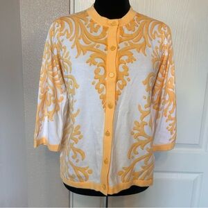 NWT Bob Mackie Yellow and White Patterned Printed Cardigan Sweater Size XS